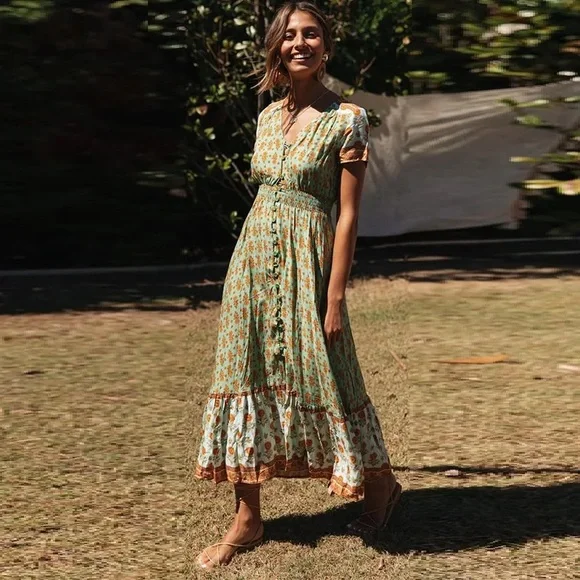 LAST 1! #56 Floral Long Button V Neck Short Sleeve Maxi Flowy Bohemian Dress - Picture 5 of 5